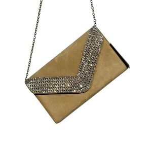 NEW Lefrcry Tan Faux Suede Rhinestone V Flap Evening Clutch Bag